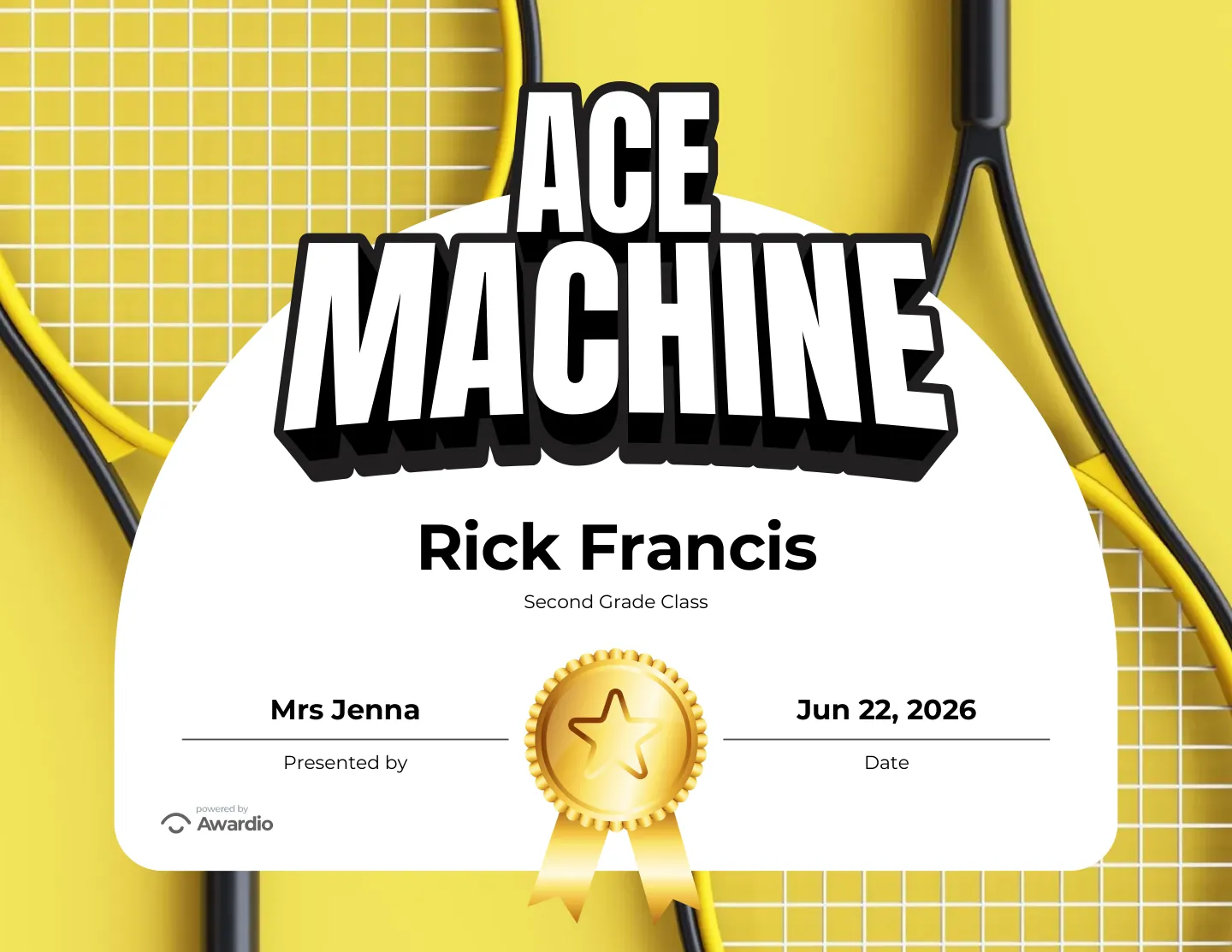 Ace Machine tennis award certificate, an award template for teachers and coaches