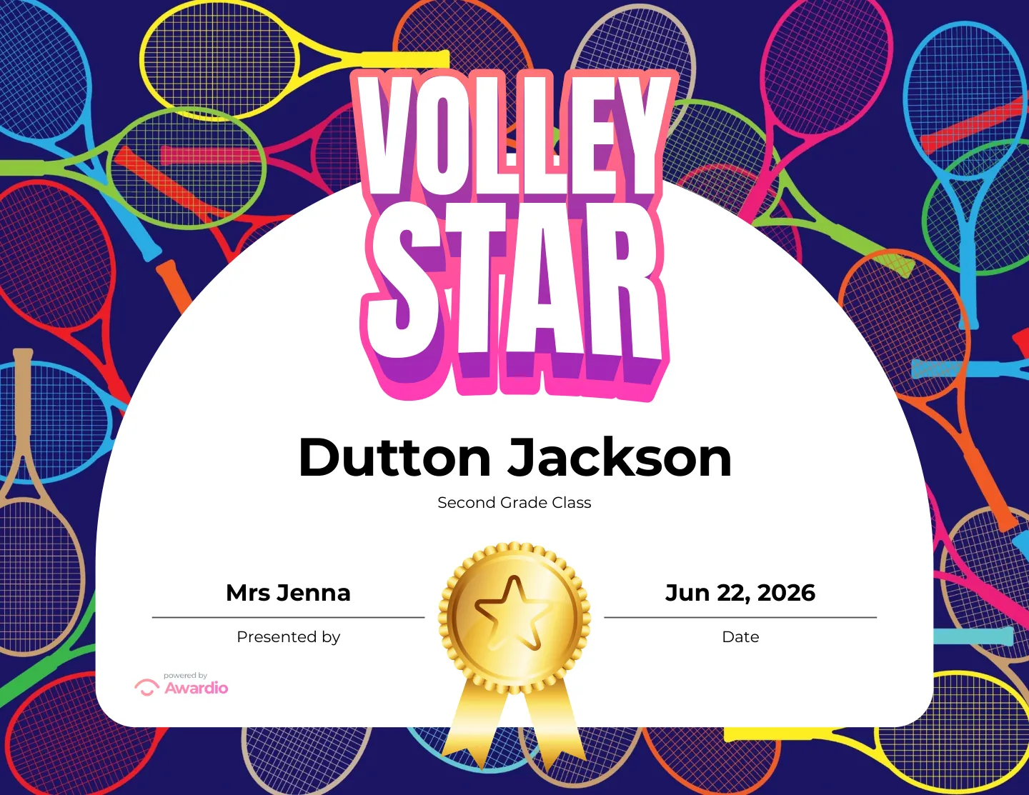 Volley Star tennis award certificate to celebrate a student's effort