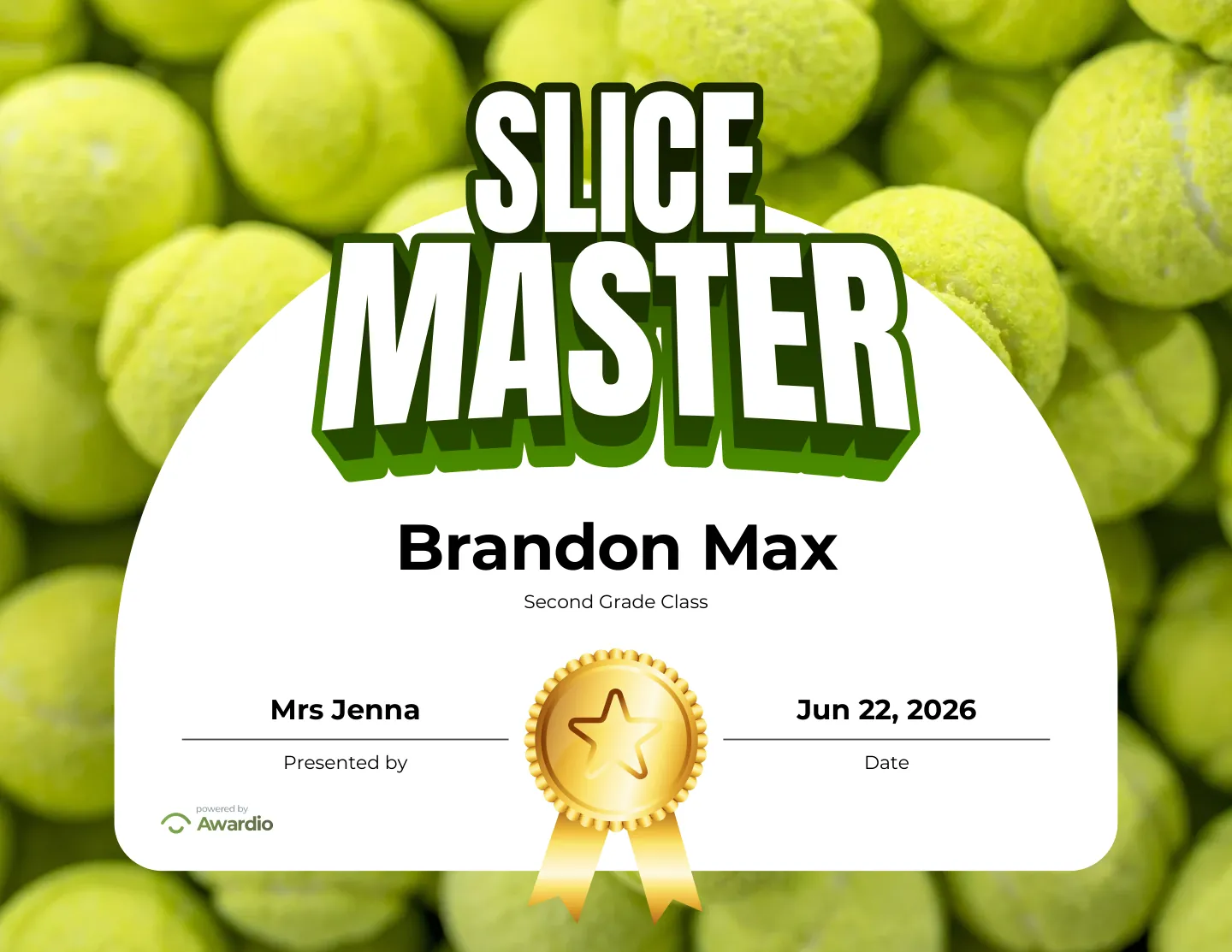 Slice Master tennis award certificate you can personalize and print