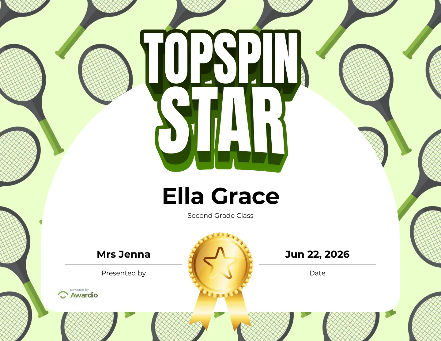 Topspin Star tennis award certificate made in seconds with the free Awardio app