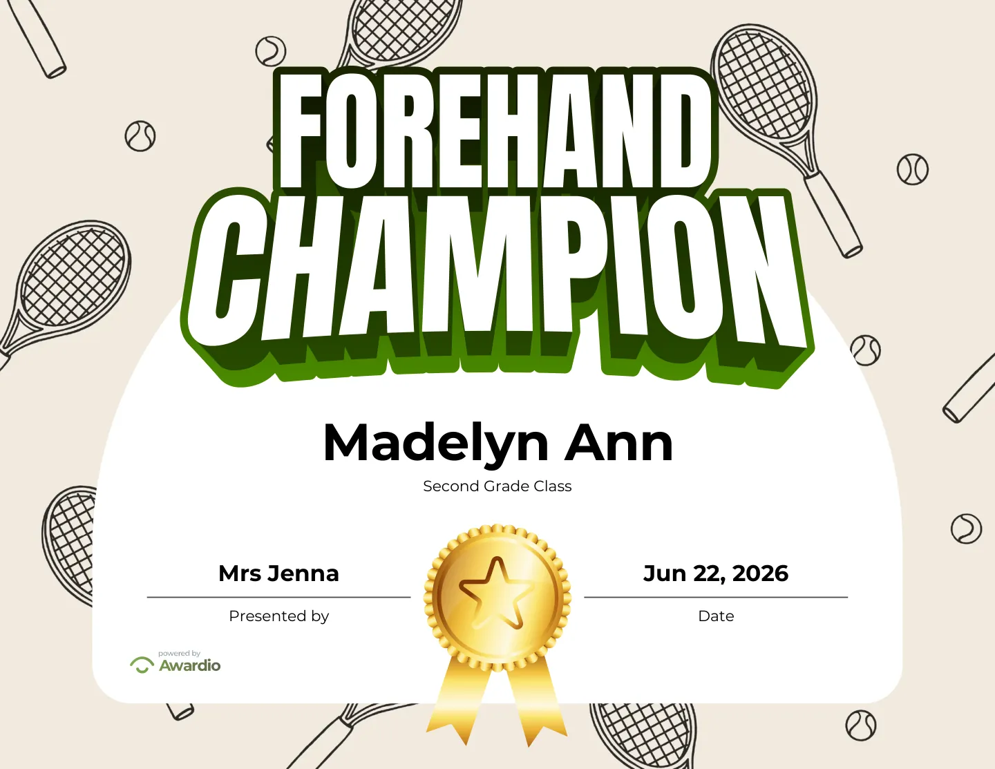 Forehand Champion tennis award certificate, a printable award kids are proud to receive