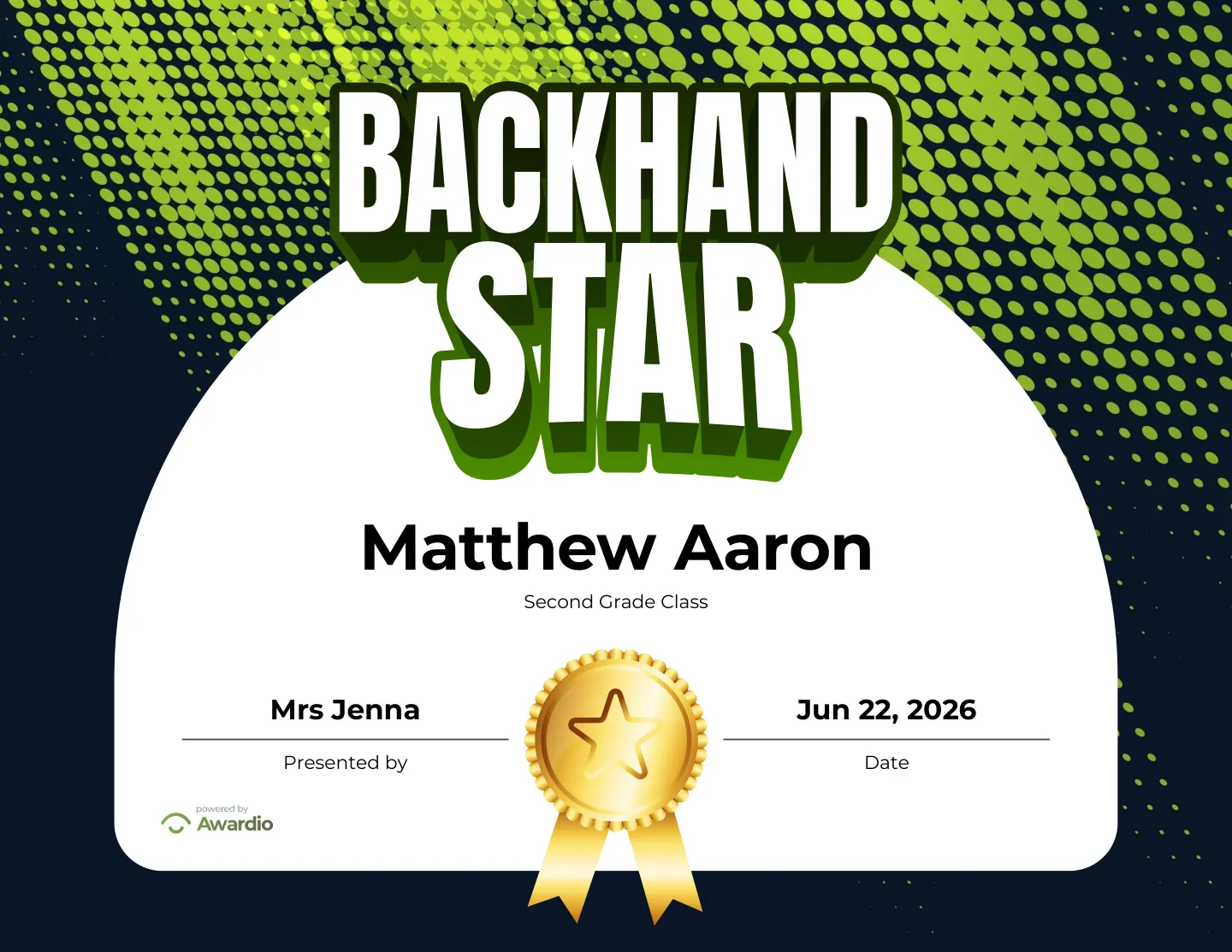 Backhand Star tennis award certificate as a digital keepsake for families