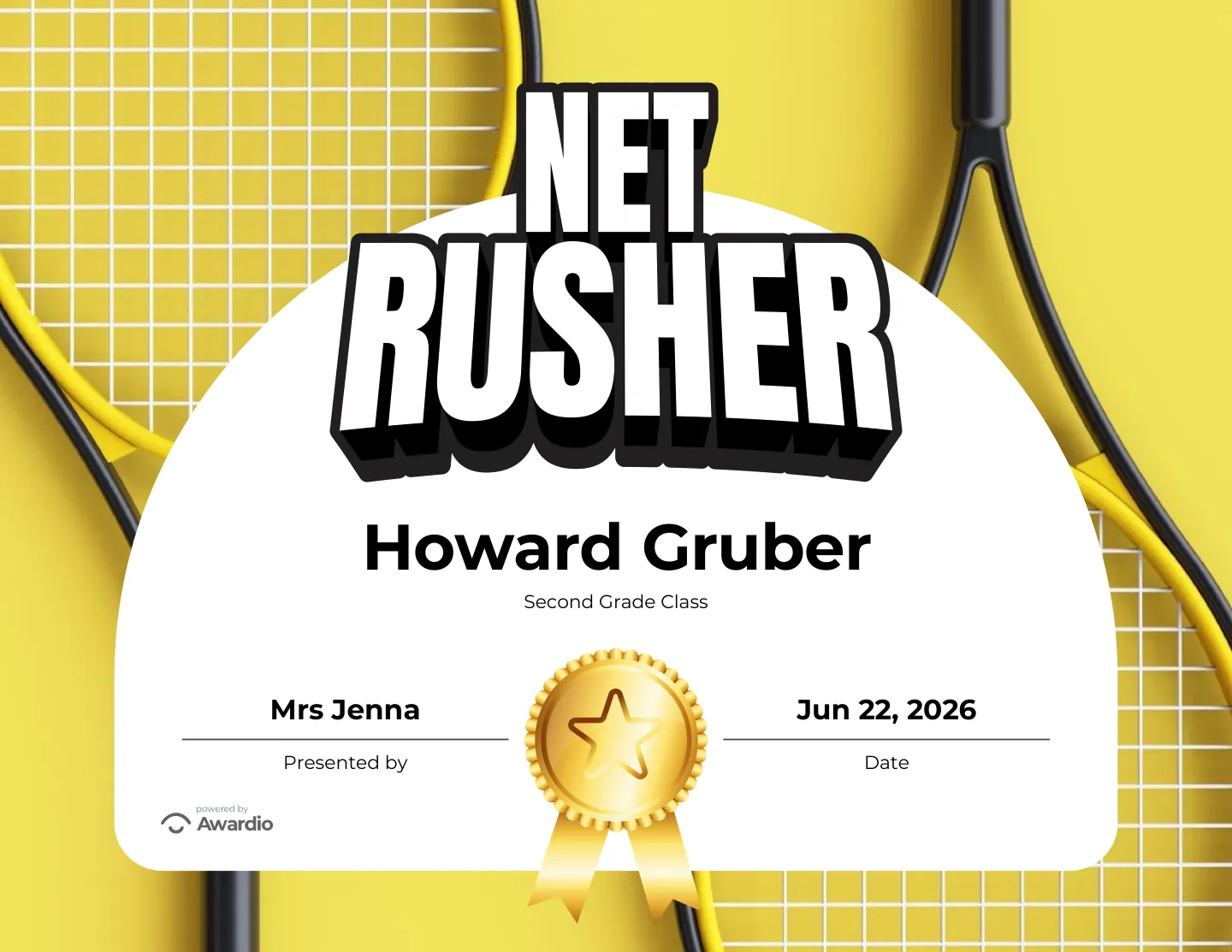 Net Rusher tennis award certificate, an editable certificate template