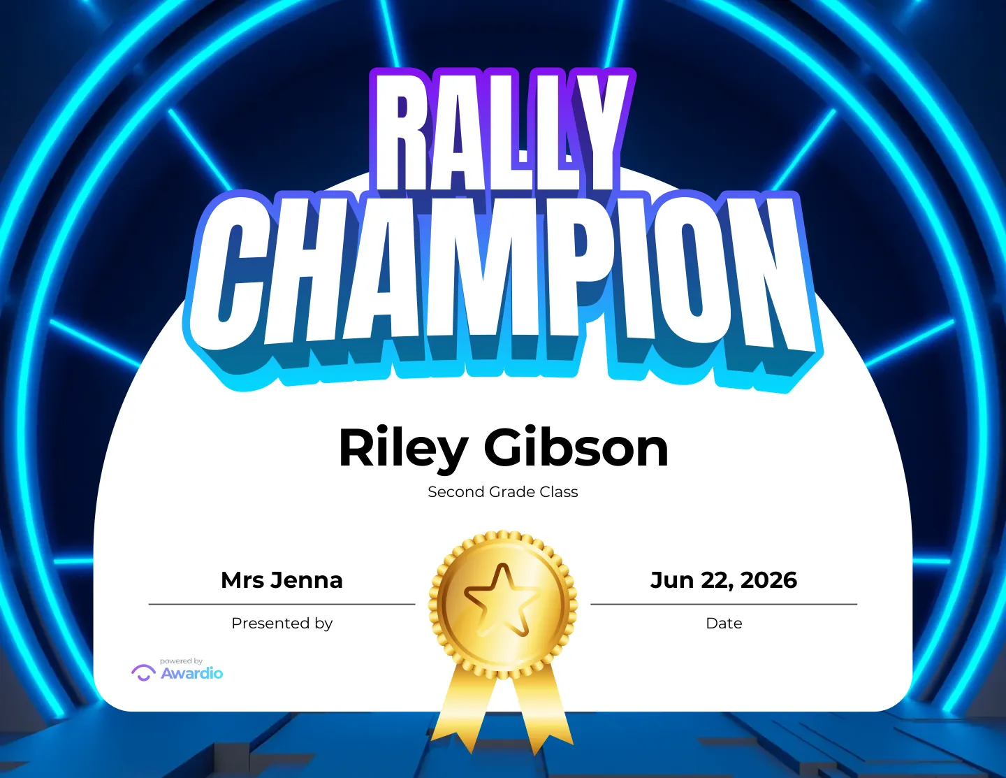 Rally Champion tennis award certificate to recognize a standout student