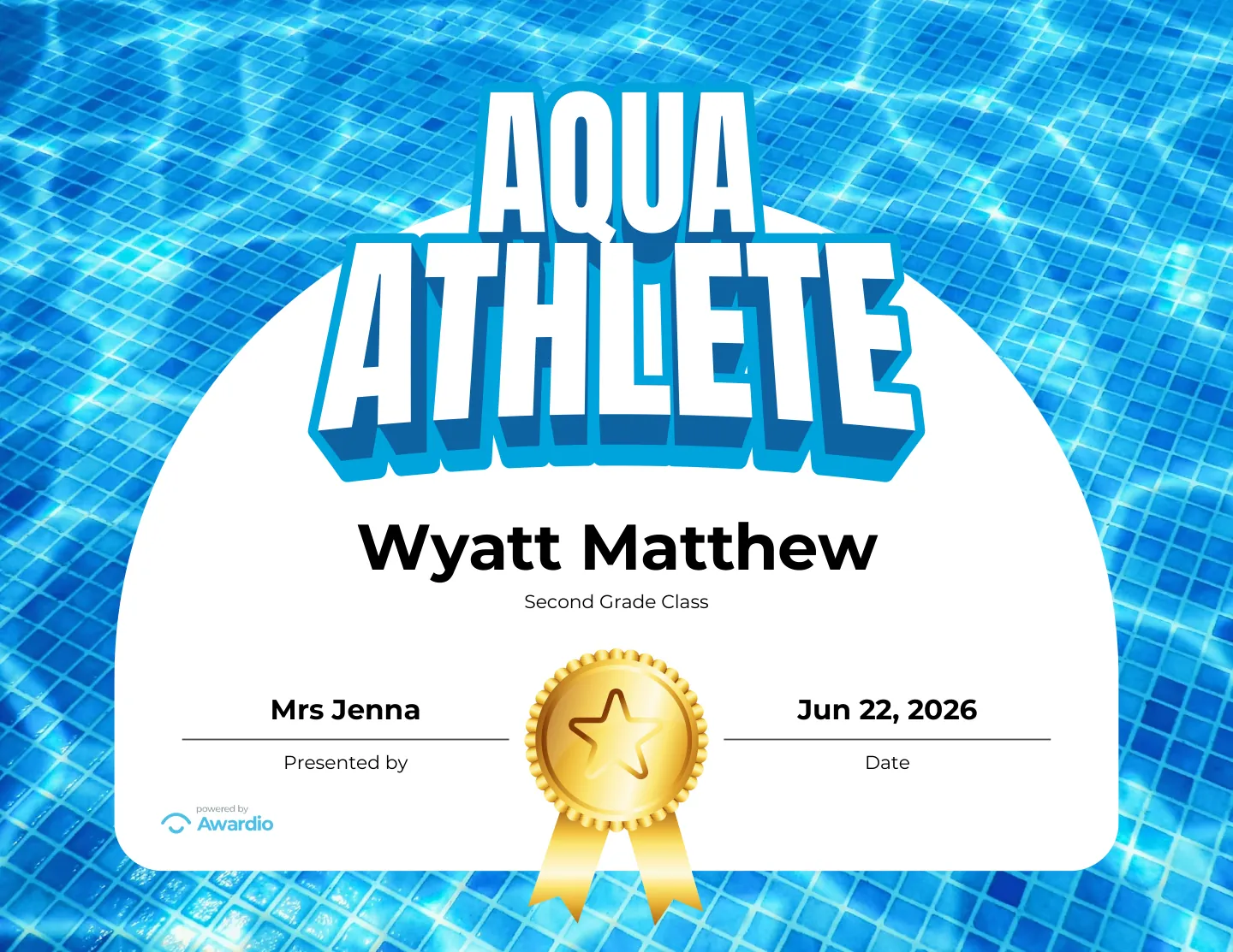 Aqua Athlete certificate, a free printable swim award template