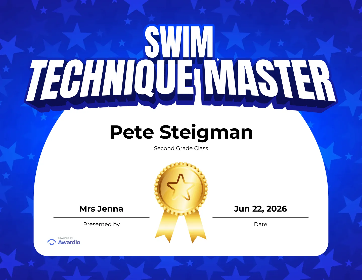 Swim Technique Master certificate to reward a student's effort