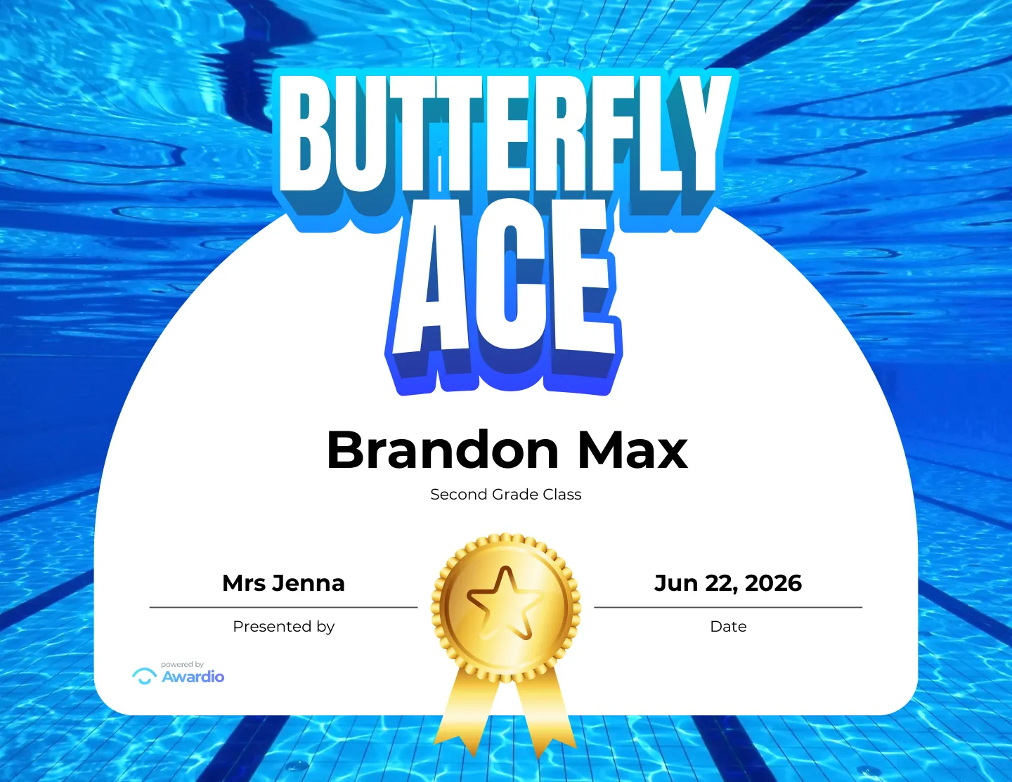 Butterfly Ace swim certificate you can personalize and print