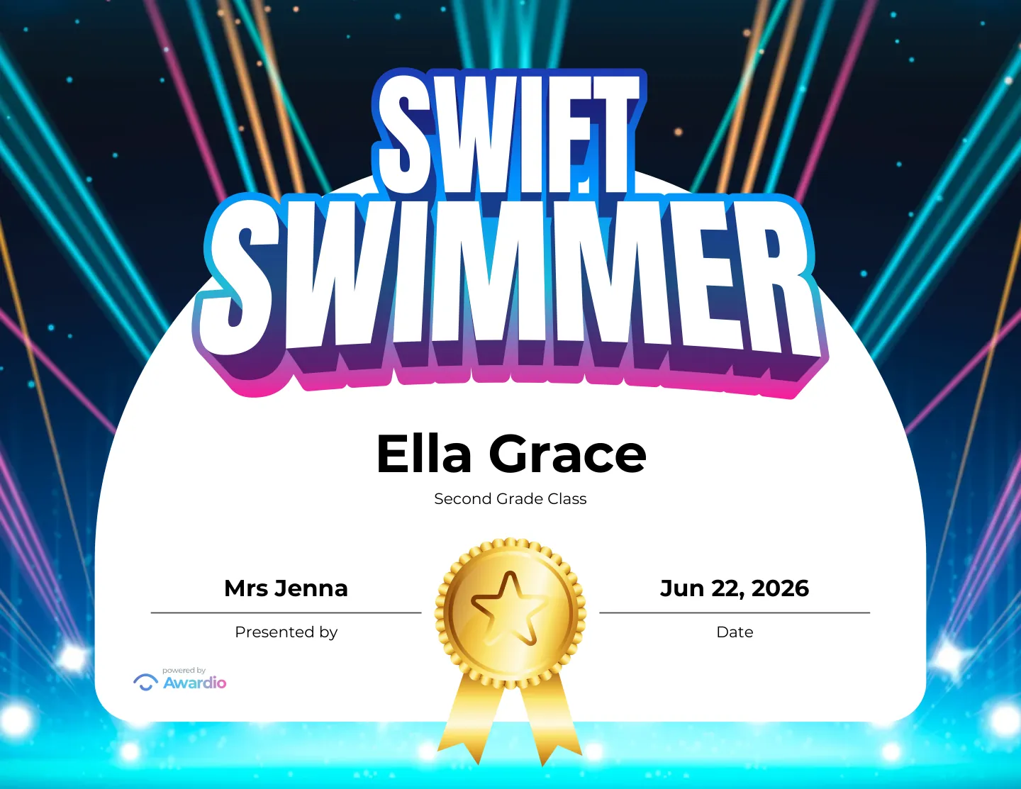 Swift Swimmer certificate, a free printable swim award template