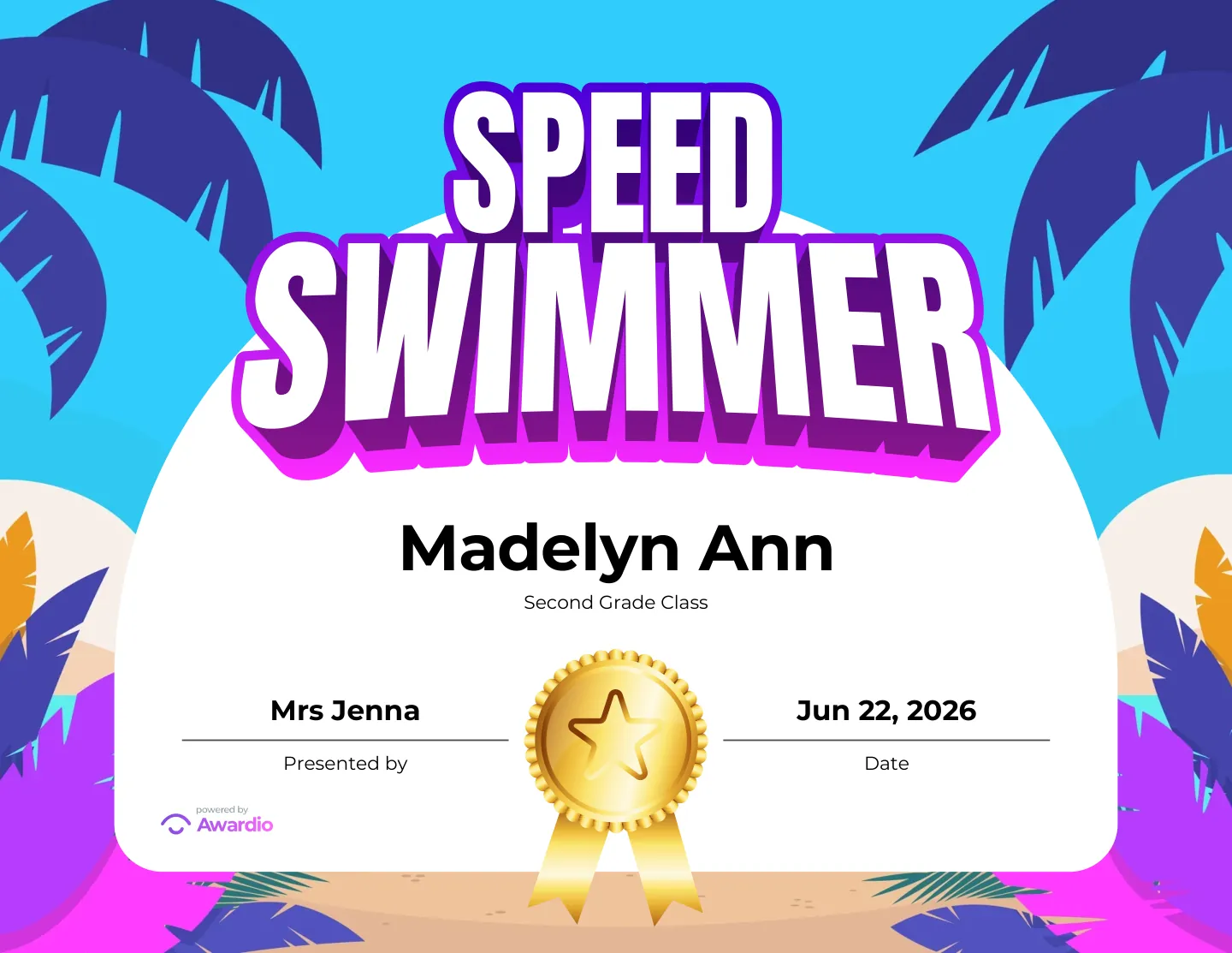 Speed Swimmer certificate to reward a student's effort
