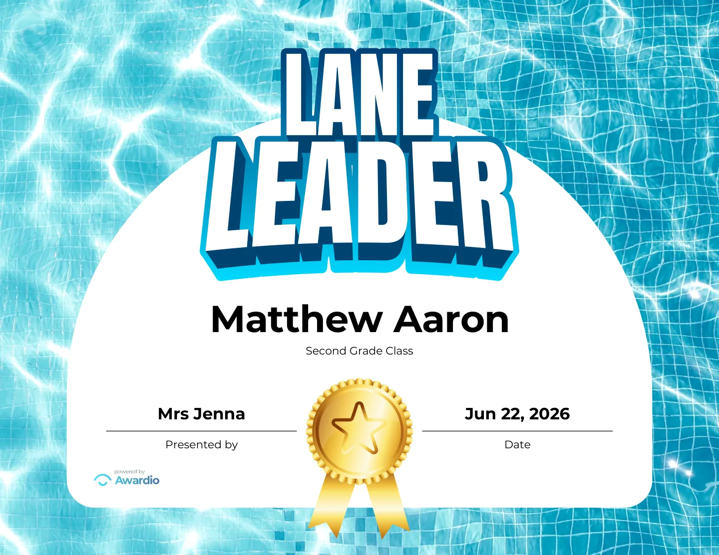 Lane Leader swim certificate you can personalize and print