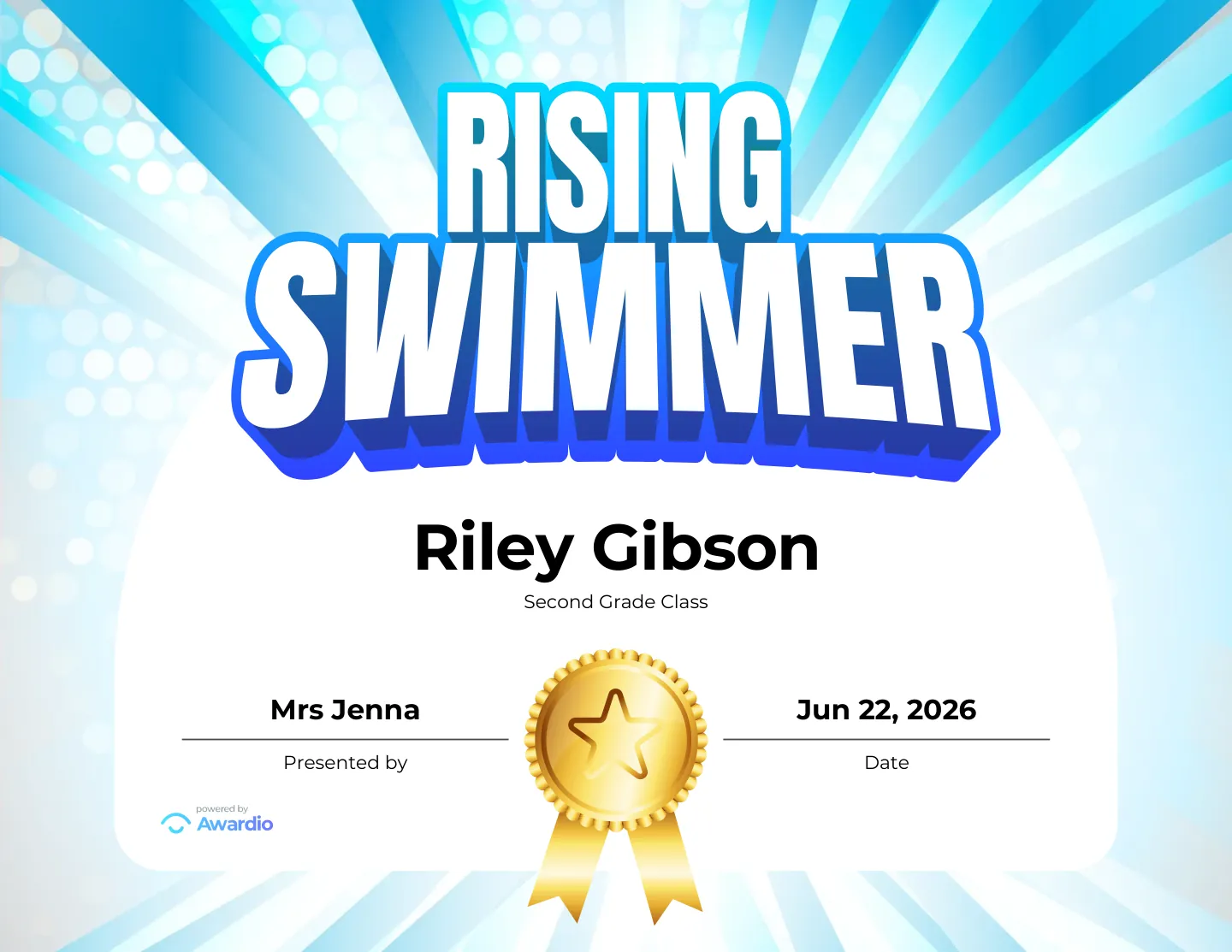 Rising Swimmer certificate, a free printable swim award template