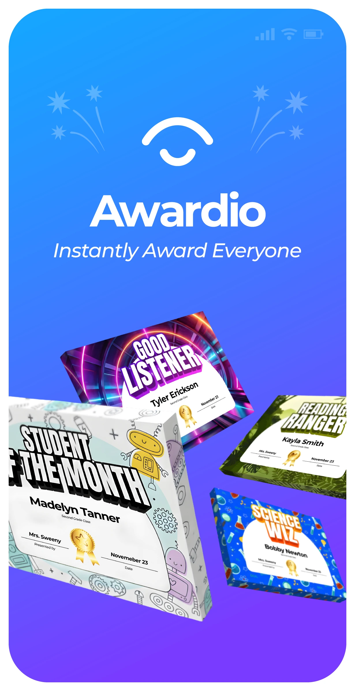 Claply app showing award certificates on a phone screen